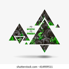 Black white hipster modern infographic in triangle composition with realistic freehand floral roses pattern. Line ink style for design and t-shirt prints with place for text