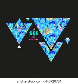 Black white hipster modern infographic in triangle composition with realistic freehand floral roses pattern. Line ink style for design and t-shirt prints with place for text