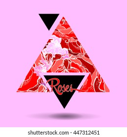 Black white hipster modern infographic in triangle composition with realistic freehand floral roses pattern. Line ink style for design and t-shirt prints with place for text