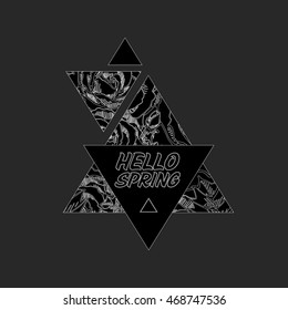 Black white hipster modern infographic in triangle composition with realistic line freehand floral roses pattern. Line ink style for design and t-shirt prints with place for text
