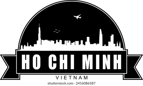 Black and white Ho Chi Minh Vietnam city buildings skyline negative air space silhouette dome shaped emblem with scroll banner below and name text inside. Vector eps graphic design.