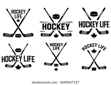 Black and white hockey logos with crossed sticks puck and maple leaf elements