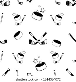 Black and white hockey stick, hockey puck and stars. Blue background.Vector illustration for print, icon, composition element, banner, poster, poster, etc.