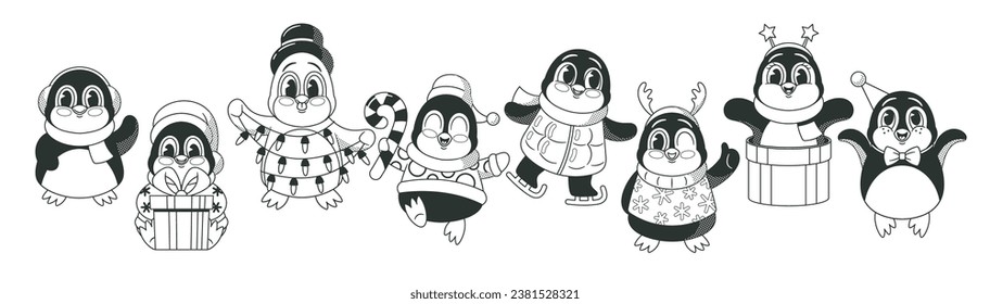 Black and White Holiday Christmas Retro Style Penguins. Cute Birds Bring Vintage Charm To Festive Celebrations