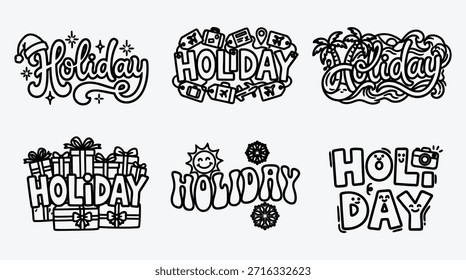 Ilustraciones de vacaciones en blanco y negro con tipografía creativa y decoraciones