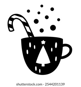 Black and white holiday mug clipart. Cute festive seasonal object. Hand drawn vector illustration in flat style