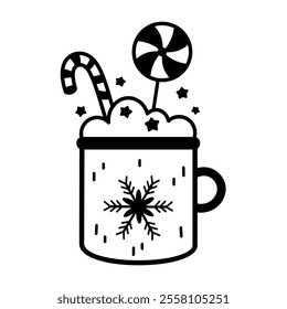 Black and white Holiday mug clipart. Christmas doodle. Cute festive seasonal object. Hand drawn vector illustration in flat style