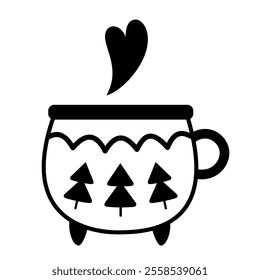 Black and white Holiday mug clipart. Christmas doodle. Cute festive seasonal object. Hand drawn vector illustration in flat style