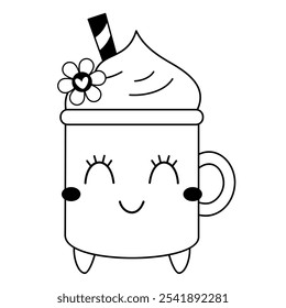 Black and white holiday mug doodle. Christmas clipart. Cute festive seasonal object. Hand drawn vector illustration in flat style