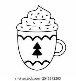 Black and white holiday mug doodle. Christmas clipart. Cute festive seasonal object. Hand drawn vector illustration in flat style