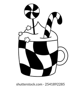 Black and white holiday mug doodle. Christmas clipart. Cute festive seasonal object. Hand drawn vector illustration in flat style