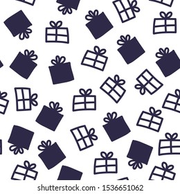Black and white holiday seamless pattern with different gifts and presents. Christmas or New Year background. Holiday or gift cards idea design