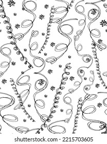 Black and white holiday seamless pattern with curled serpentine ribbons in naive scribble style. Greeting card, gift packaging., wrapping paper. Funny scrabble style collection for happy new year. 