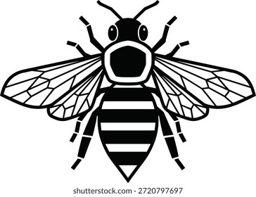 Black and white honey bee vector illustration, geometric insect design, striped body with detailed wings, nature pollinator symbol, minimal graphic style logo