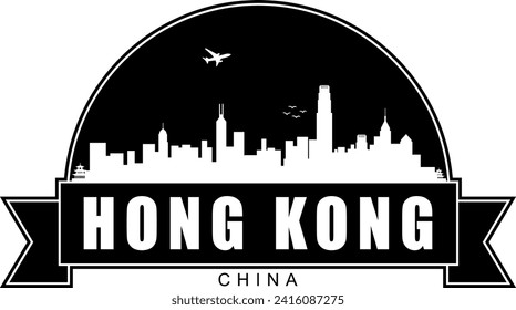 Edificios de ciudades de Hong Kong, blancos y negros, en la China, muestran un silueta de aire negativo en forma de emblema con un cartel de desplazamiento debajo y un nombre de texto en el interior. Diseño gráfico de vectores.