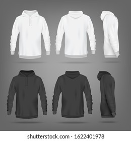 Black and white hoodie mockup set - isolated sport apparel design template from front, back and side view. Realistic blank clothing mock up - vector illustration.