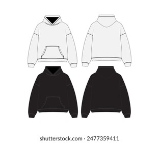 Black White Hoodie Template Hoodie Sweatshirt Long Sleeve Hoody for Design Mockup Print Isolated on White Background Black Streetwear Hoodie Technical Sketch Clothes Fashion Vector Illustration Sweats