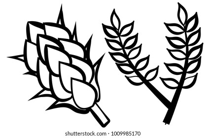 Black and white hop and malt on a white background. Beer ingredients. Vector illustration.