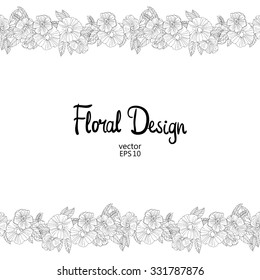 Black and white horisontal seamless border made with flowers and place for text