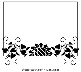 Black and white horizontal frame with decorative sunflowers silhouettes. Vector clip art.