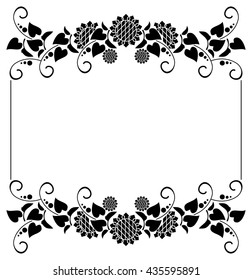 Black and white horizontal frame with decorative sunflowers silhouettes. Vector clip art.