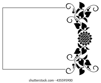 Black and white horizontal frame with decorative sunflowers silhouettes. Vector clip art.