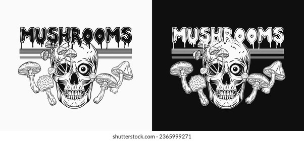 Black and white horizontal label with human skull, mushrooms, stripes, text. Crazy mad skull with single eye and growing through skull mushrooms. Concept of madness. Vintage style.