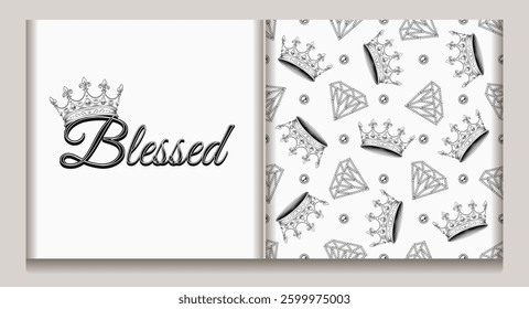 Black and white horizontal label, seamless pattern with crown, diamonds. White background. Vintage style.
