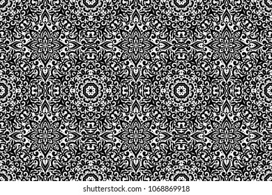 Black and white horizontal seamless pattern with flourishes, monochrome intricate background. Tribal ethnic ornament, decorative repeating texture endless tile, eastern exquisite style wallpaper