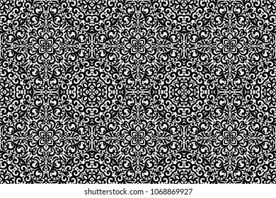 Black and white horizontal seamless pattern with flourishes, monochrome intricate background. Tribal ethnic ornament, decorative repeating texture endless tile, eastern exquisite style wallpaper