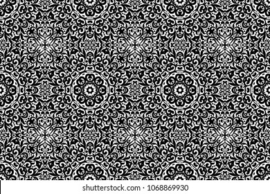 Black and white horizontal seamless pattern with flourishes, monochrome intricate background. Tribal ethnic ornament, decorative repeating texture endless tile, eastern exquisite style wallpaper