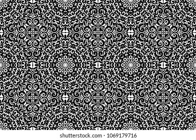 Black and white horizontal seamless pattern with flourishes, monochrome intricate background. Tribal ethnic ornament, decorative repeating texture endless tile, eastern exquisite style wallpaper