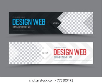 Black and white horizontal web banner template with arrow and diamond-shaped button. Minimalistic Design with a place for a photo