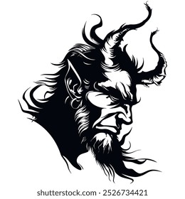 Black and white horned devil head silhouette. Horror ominous evil with horns and earring in the ear. Mystical being. Vector black isolated devil on white background.  Mythical darkness creature.