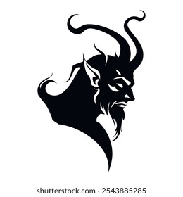 Black and white horned devil head silhouette, Horror ominous evil with horns. Mystical being. Vector black isolated devil profile on white background.  Mythical darkness creature.