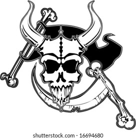 black and white horned skull of beast with pirate flag and scythe with bone poles vector illustration