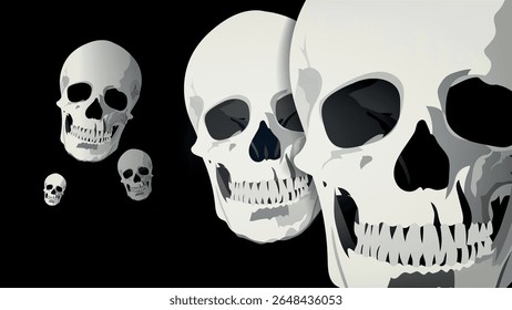 Fundo de arte de horror preto e branco com crânios. Modelo de ilustração de contraste para pôsteres, cartões postais, capas e outros projetos. Trabalho do autor. Vetor.