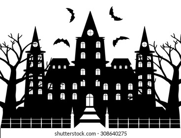 Black   white horror castle and dead tree   bats flaying for halloween background  Vector illustration 