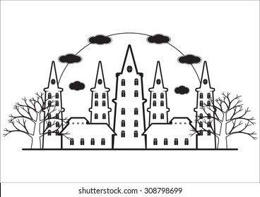 Black and white of horror castle with dead trees for halloween background. Vector illustration.