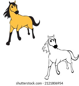 black white horse and colored horse vector drawing, for coloring book elements 