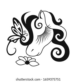 black and white horse head tattoo with closed eyes and long eyelashes, flower and butterfly on a white background