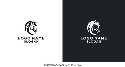 logotipo do vetor da cabeça do cavalo preto e branco com tema de folha