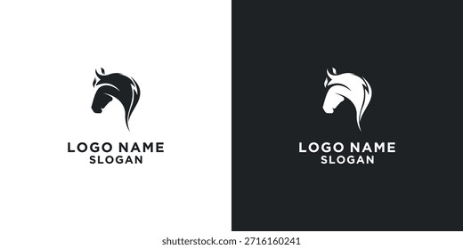 Concepto de hoja de logotipo de Vector de cabeza de caballo en blanco y negro