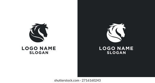 black and white horse head vector logo leaf concept