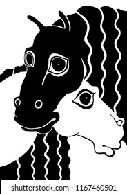 Black and white horse heads. Animal characters with faces having human emotions. Simple contour drawing against a black background.
