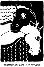 Black and white horse hugging illustration. Animal characters with faces having human emotions. Simple contour drawing against a black background.
