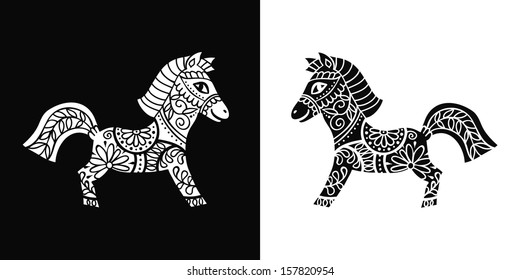 Black and white horse on black and white background. Vector drawing