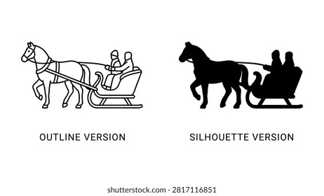 Black and white horse pulling a winter sleigh with people riding in a simple vector set