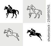 Black and White Horse Riding Icon Set. Filled and Outlined Vector Styles