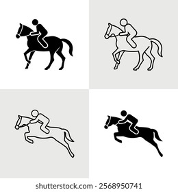 Black and White Horse Riding Icon Set. Filled and Outlined Vector Styles